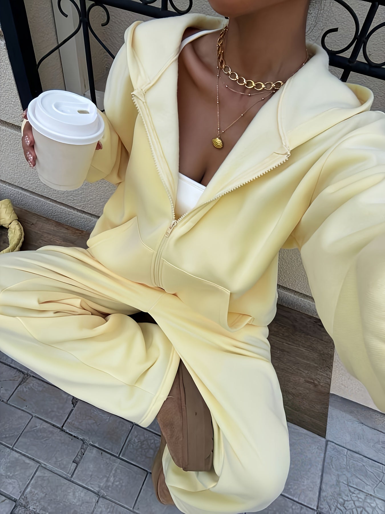 Zipper Detail Loose Sweatshirt and Straight Leg Pants