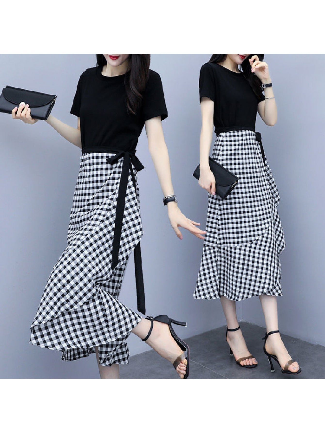 Plaid Skirt Paired with Solid Color T-Shirt