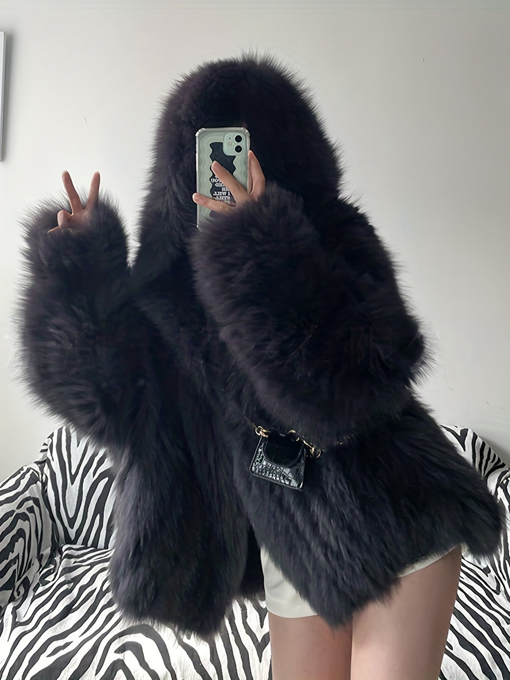 Large Hooded Faux Fox Fur Coat