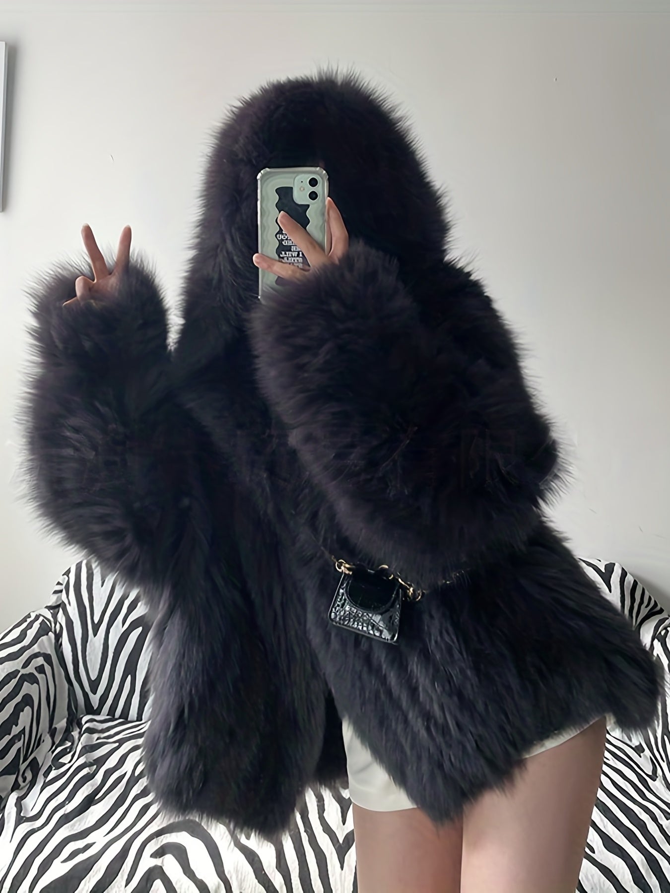 Large Hooded Faux Fox Fur Coat