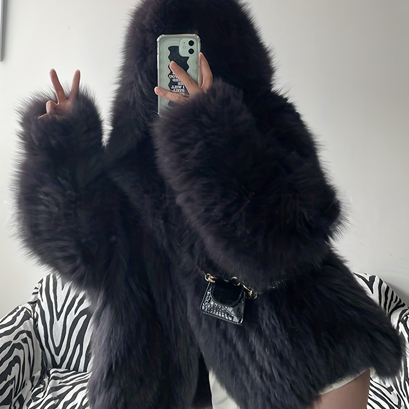 Large Hooded Faux Fox Fur Coat