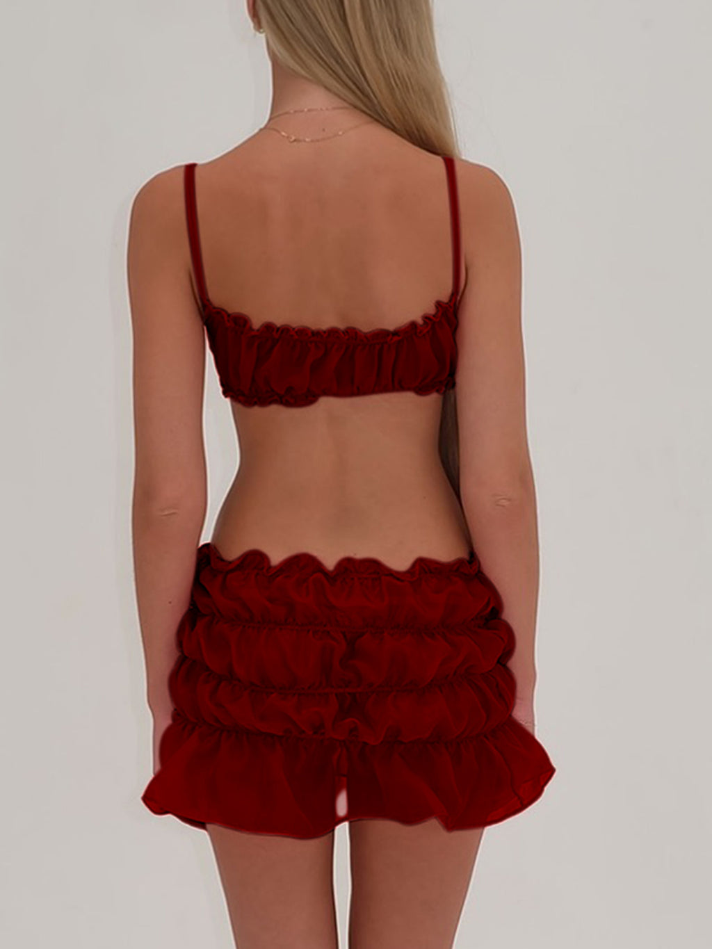 Solid Color Spaghetti Strap Frills Sleeveless Cami Tops Skirts Clothes Set