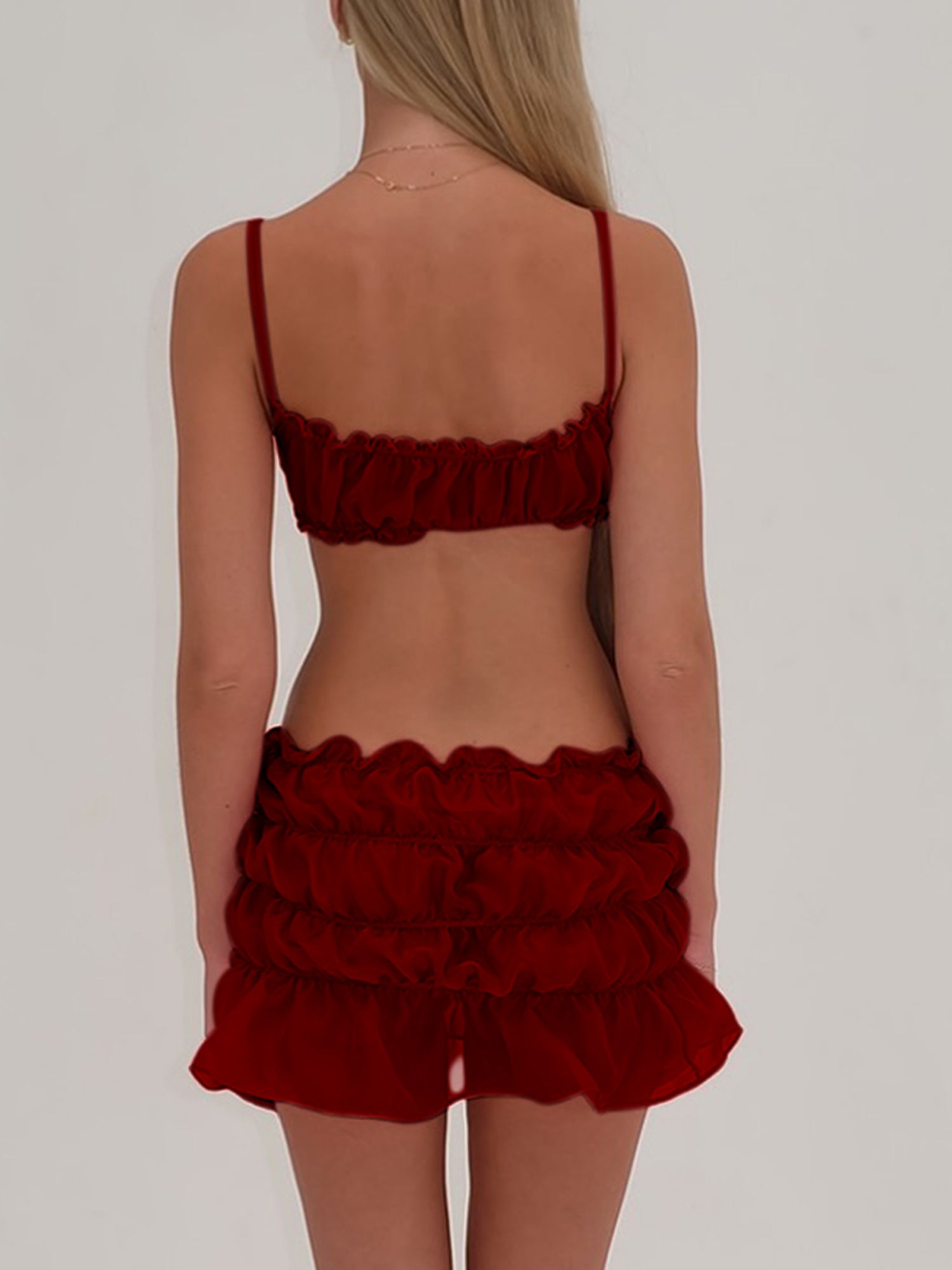 Solid Color Spaghetti Strap Frills Sleeveless Cami Tops Skirts Clothes Set