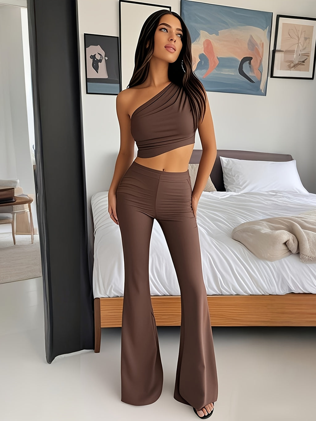 Brown One-Shoulder Cropped Top & High Waist Flare Pants Set