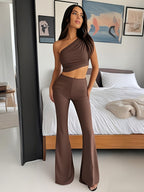Brown One-Shoulder Cropped Top & High Waist Flare Pants Set