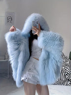 Large Hooded Faux Fox Fur Coat