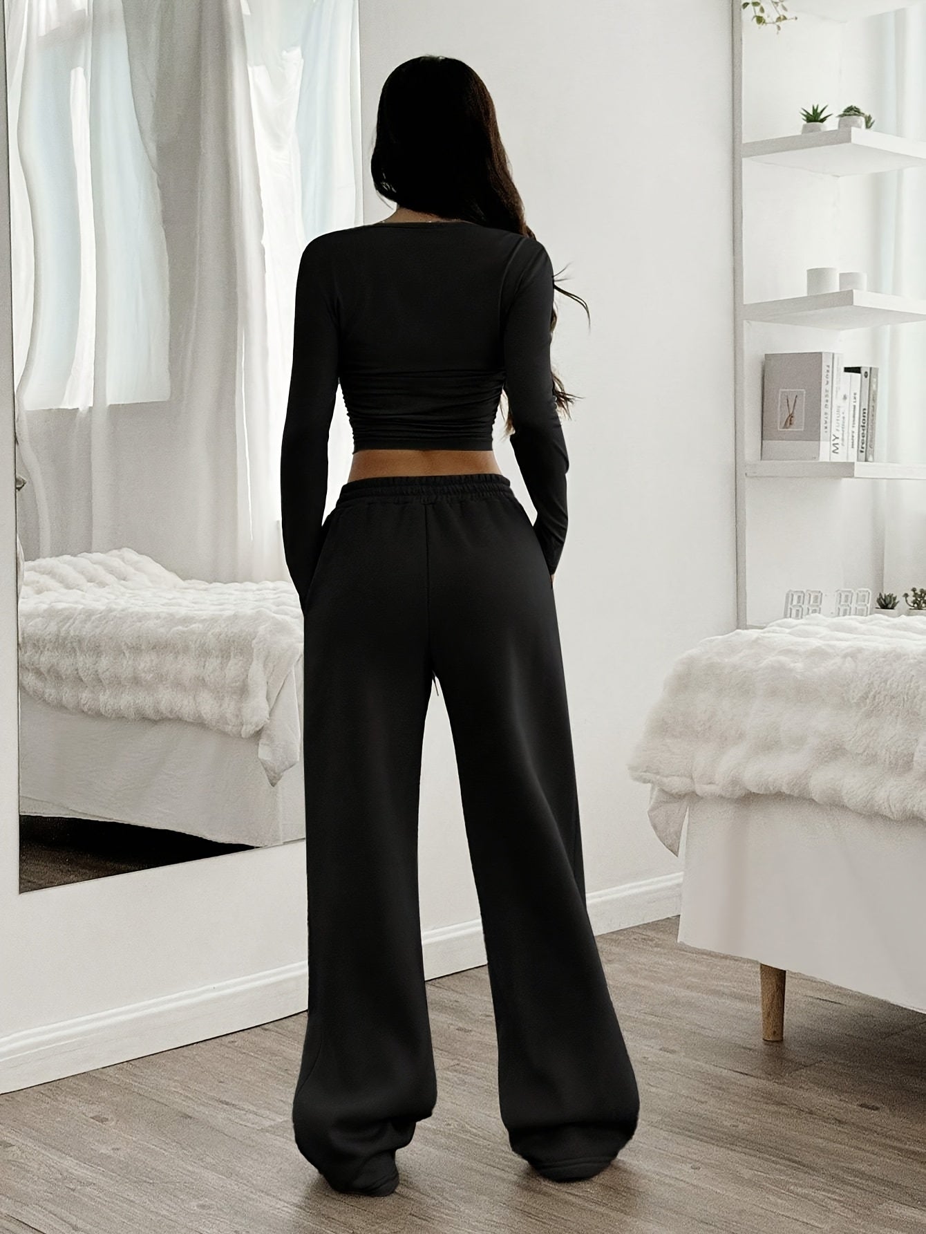 Long Sleeve Pullover and Elastic Waist Wide Leg Pants Two-Piece Set