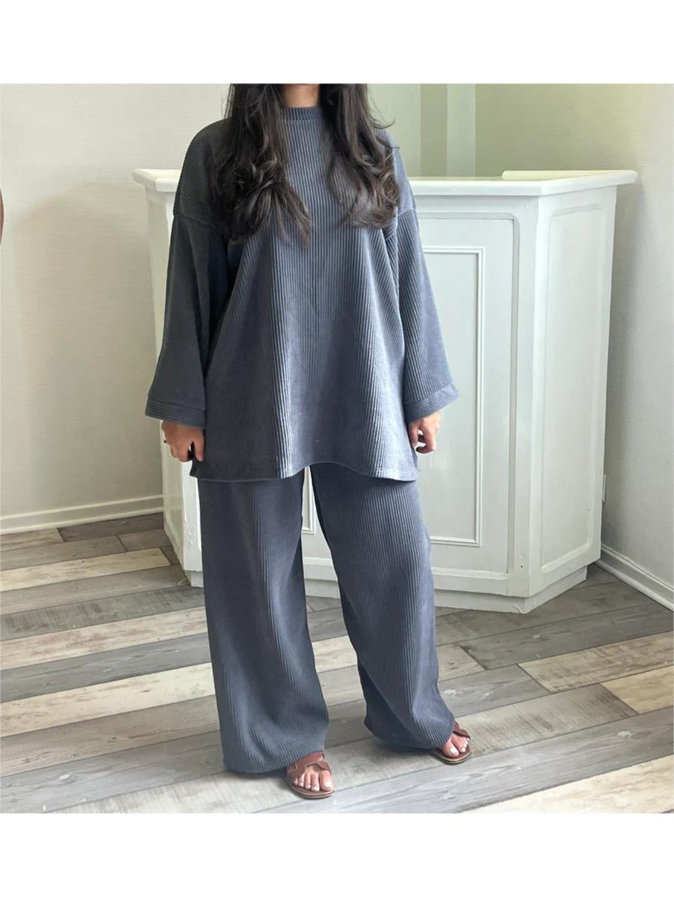 Round Neck Long Sleeve Top Wide Leg Pants Set