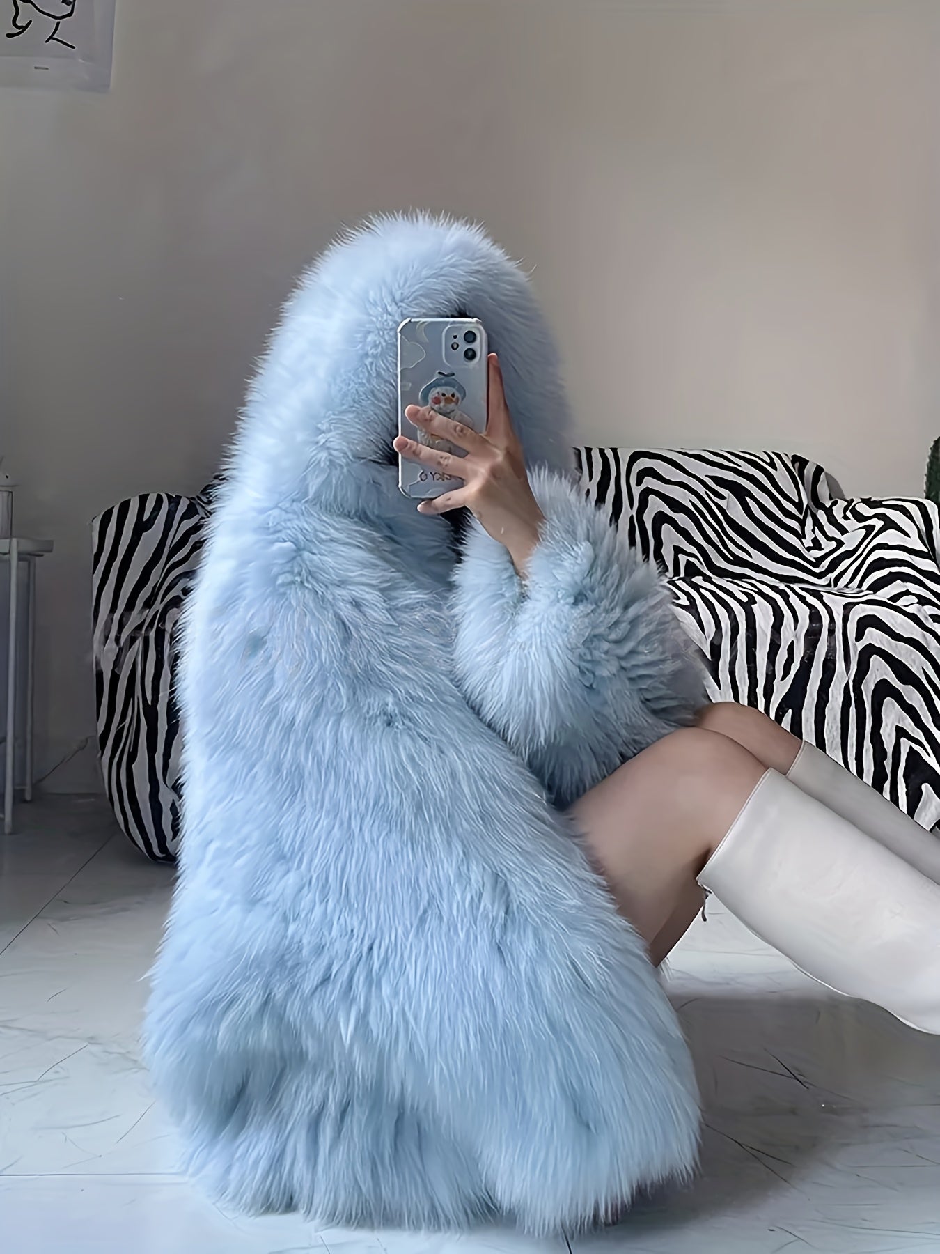 Large Hooded Faux Fox Fur Coat