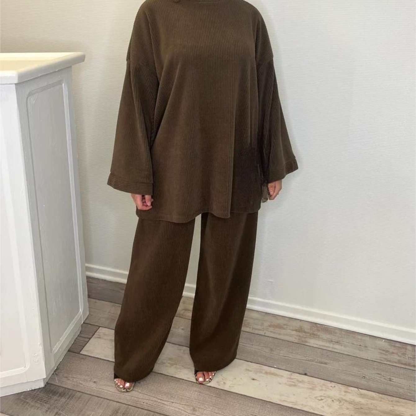 Round Neck Long Sleeve Top Wide Leg Pants Set