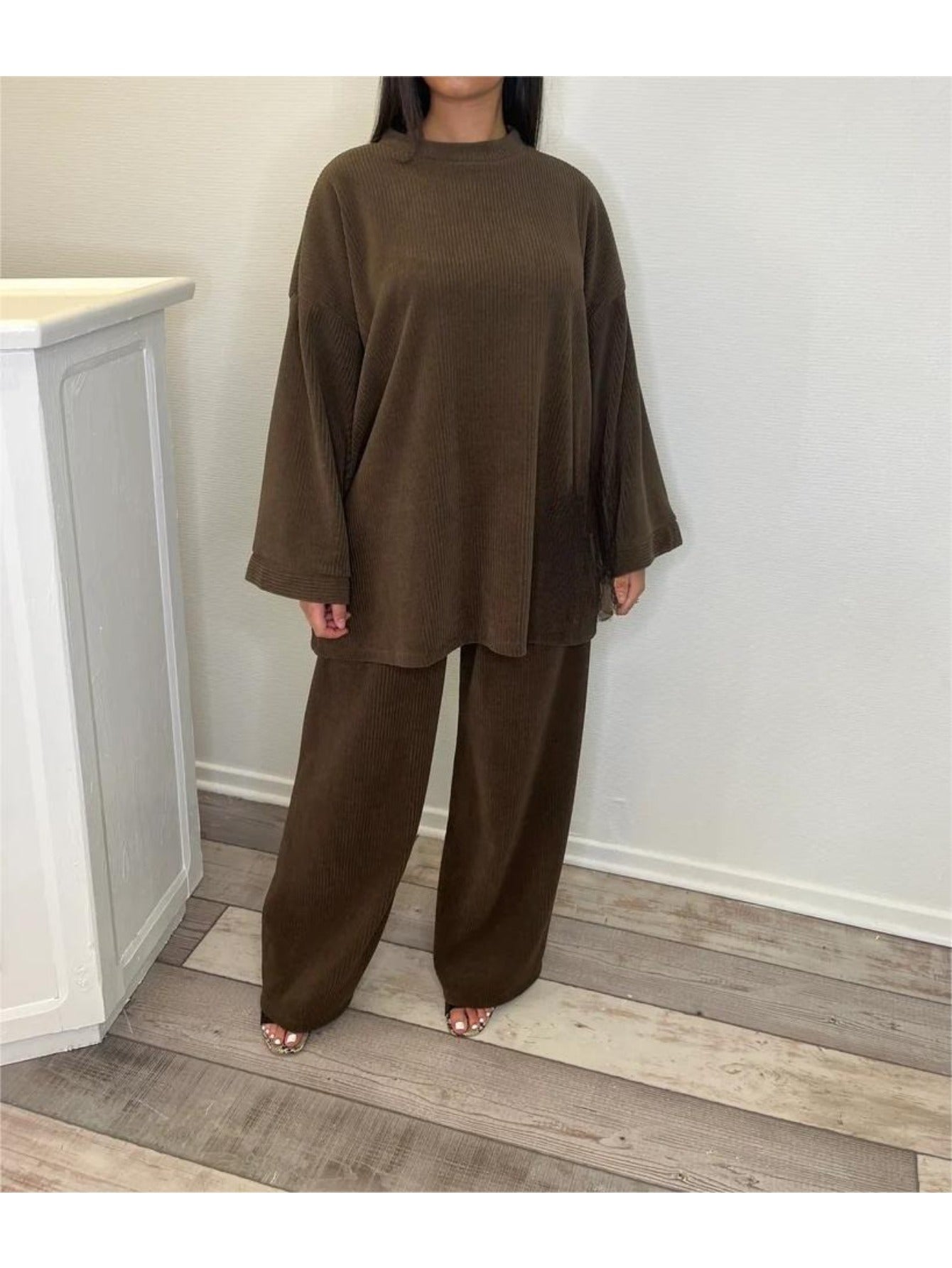 Round Neck Long Sleeve Top Wide Leg Pants Set