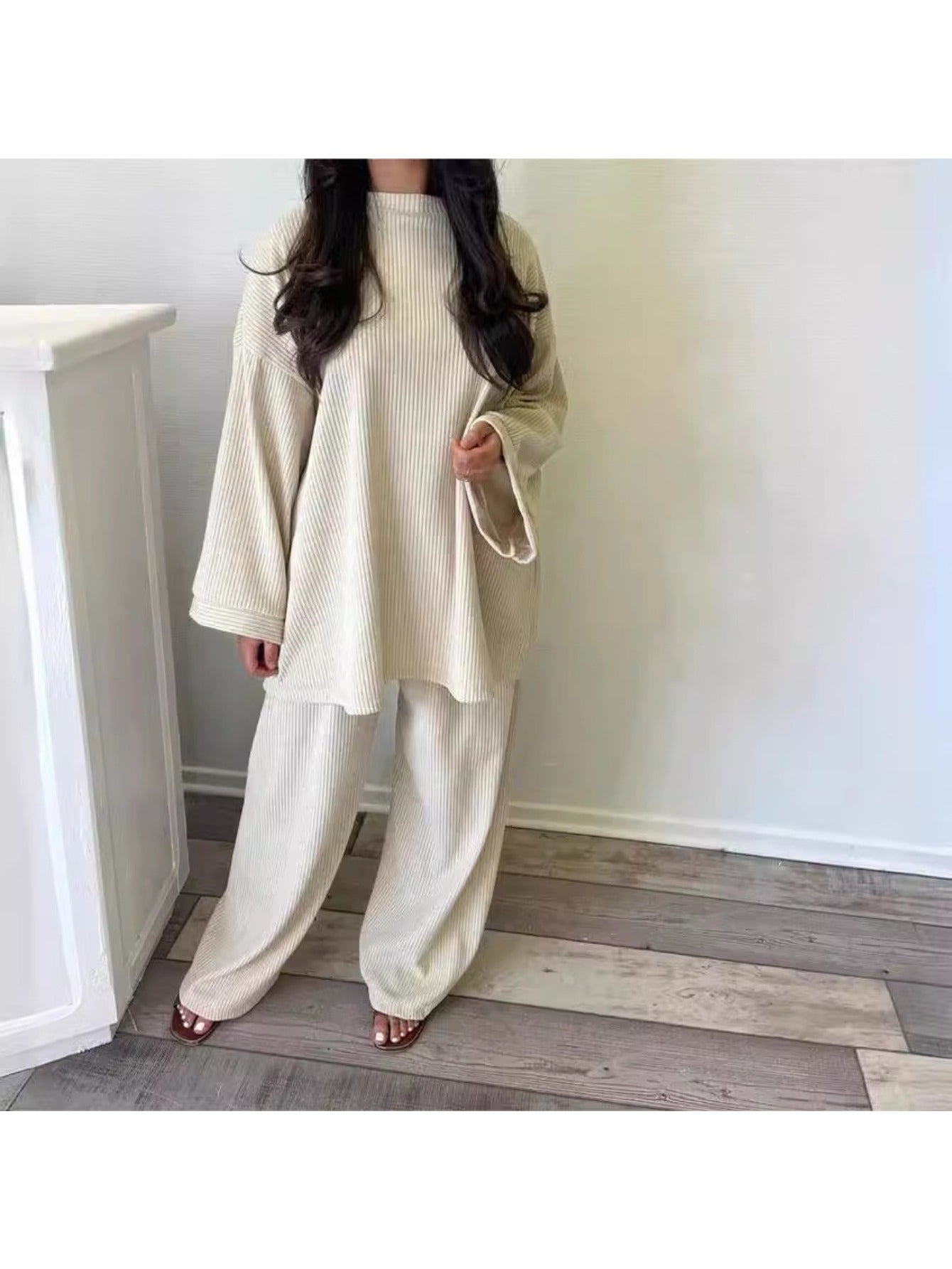 Round Neck Long Sleeve Top Wide Leg Pants Set