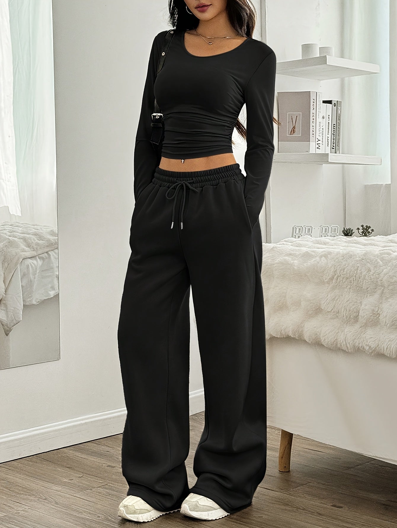 Long Sleeve Pullover and Elastic Waist Wide Leg Pants Two-Piece Set