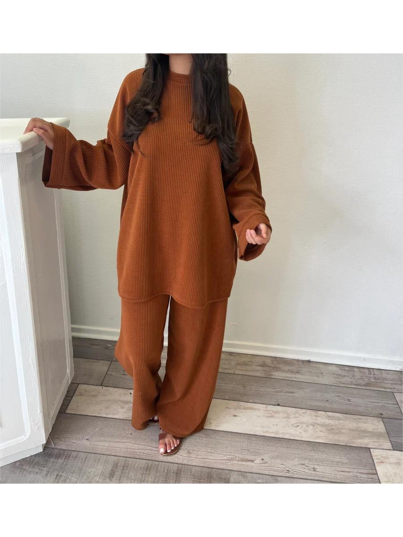 Round Neck Long Sleeve Top Wide Leg Pants Set