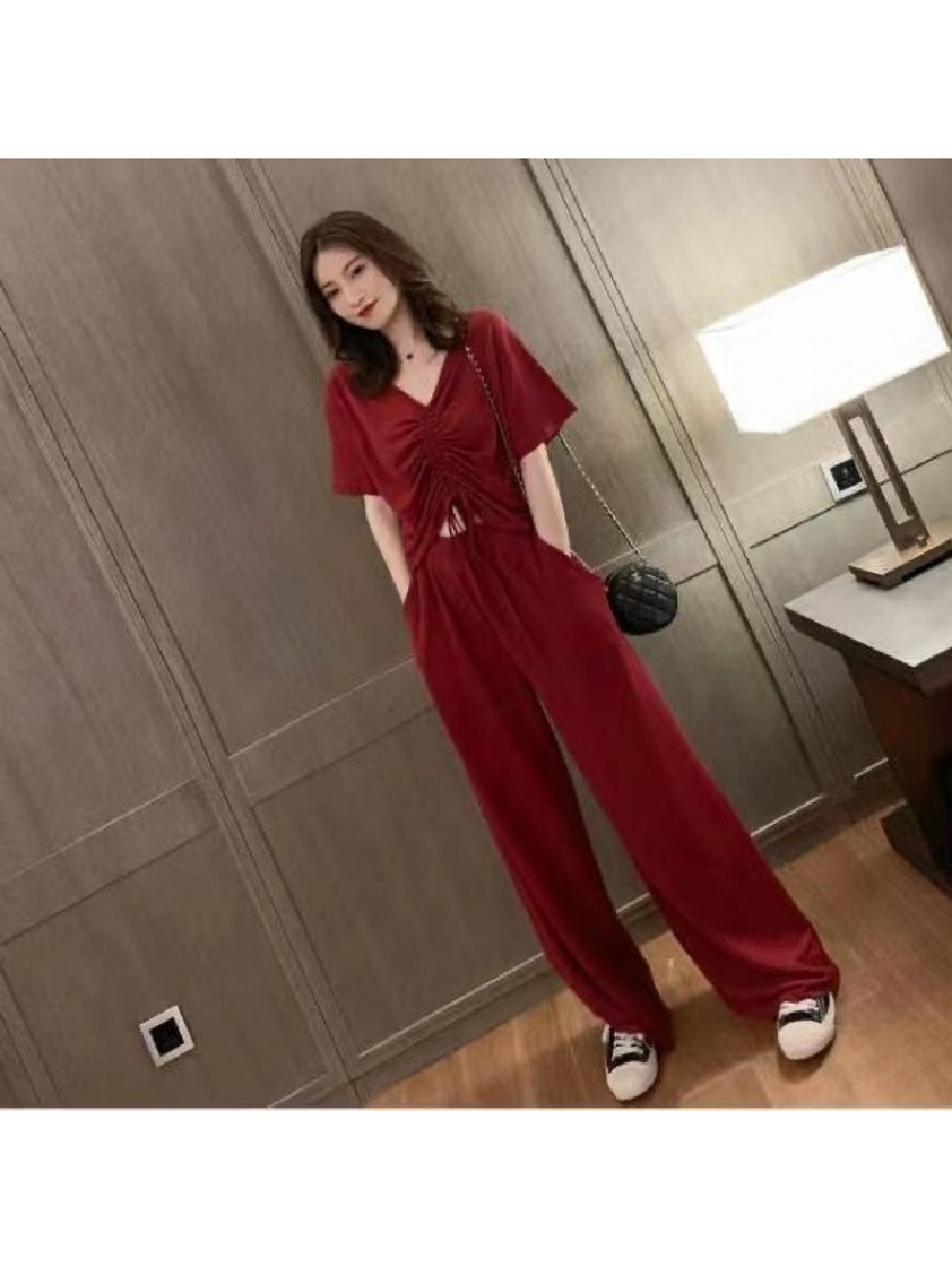 V-neck Short Sleeve Top and Wide-leg Pants Set