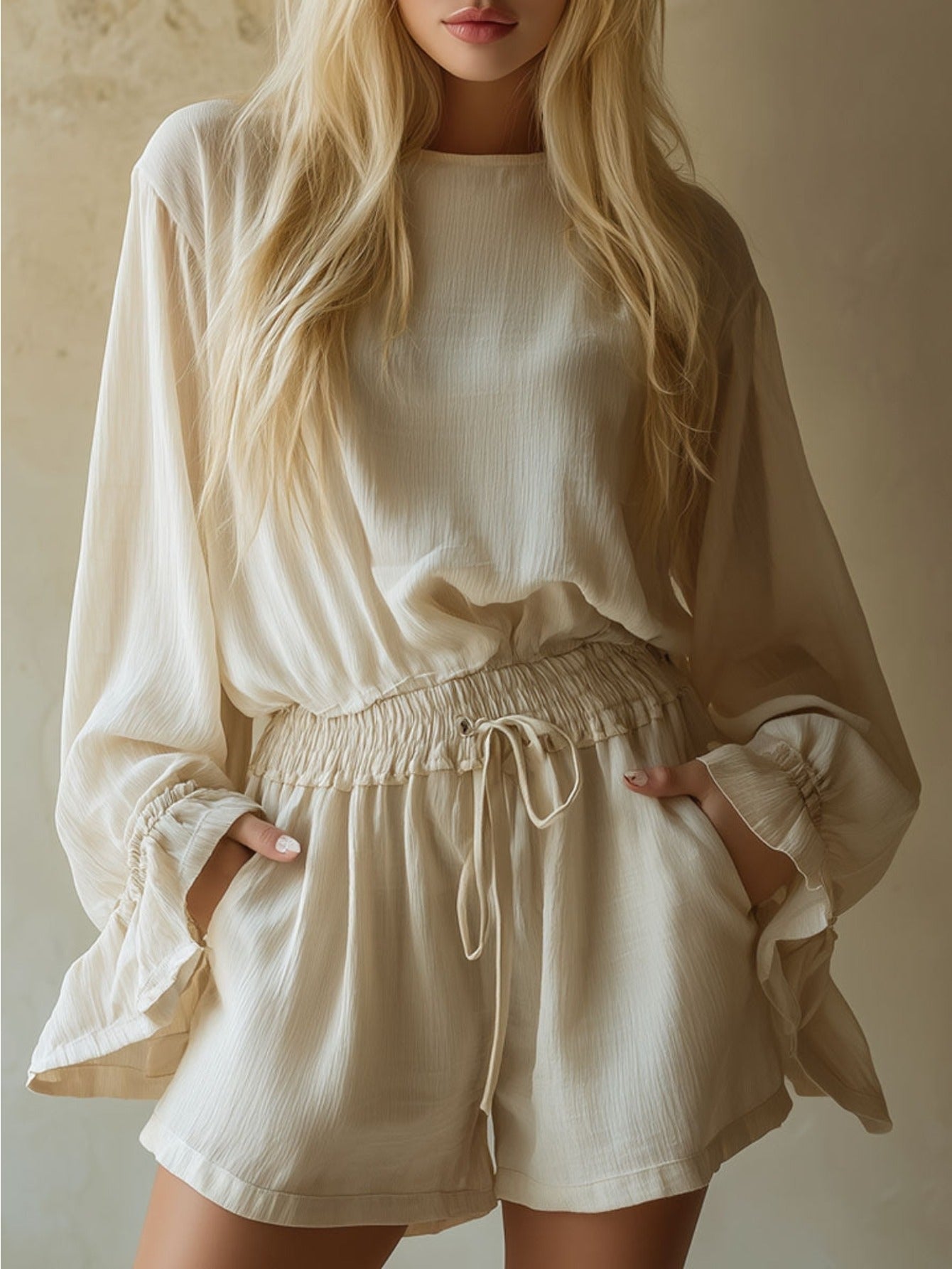 Light Beige Crew Neck Lantern Sleeve Oversized Top + Drawstring Shorts Women's Suit Set