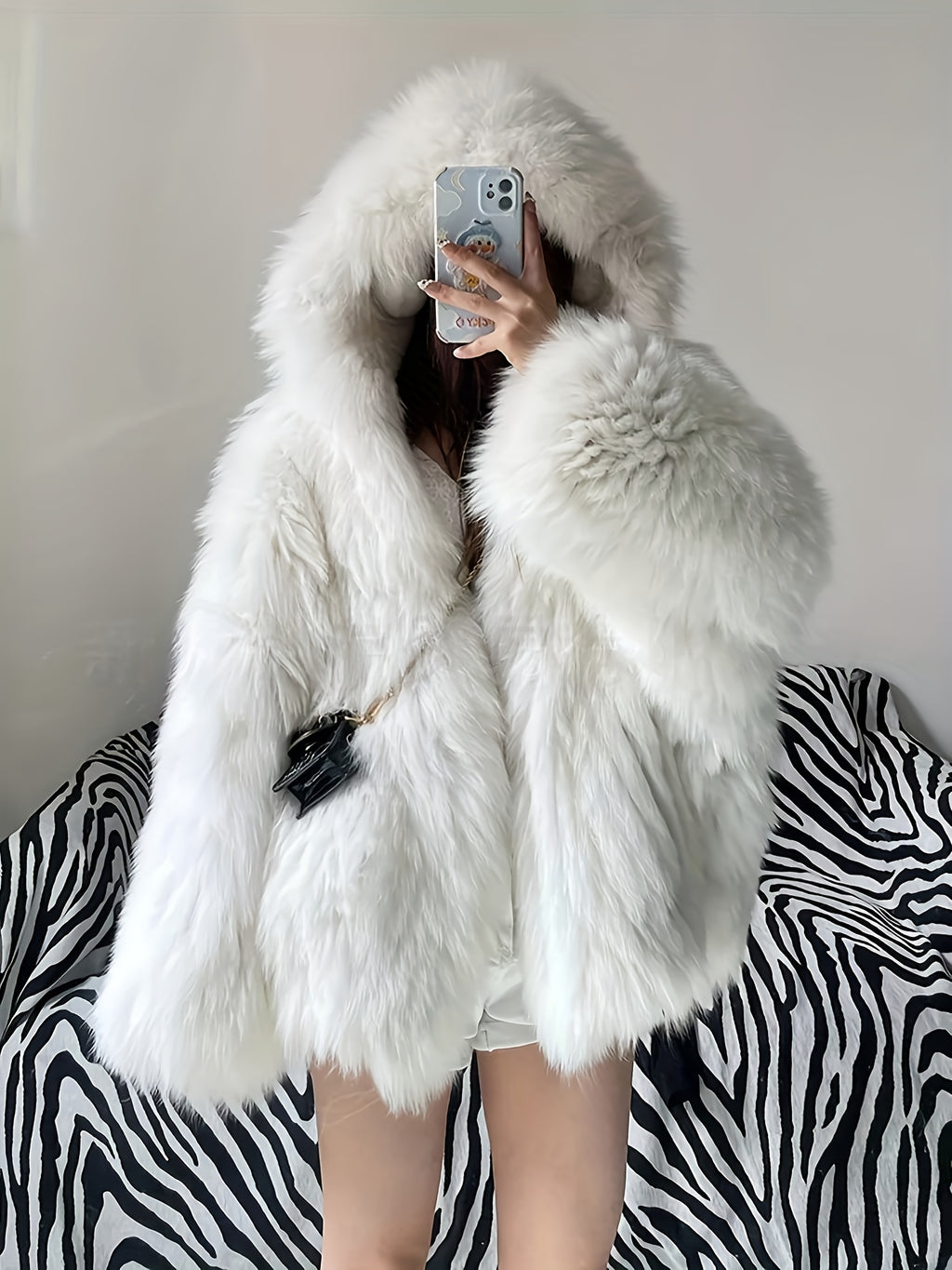 Large Hooded Faux Fox Fur Coat