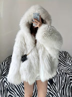 Large Hooded Faux Fox Fur Coat
