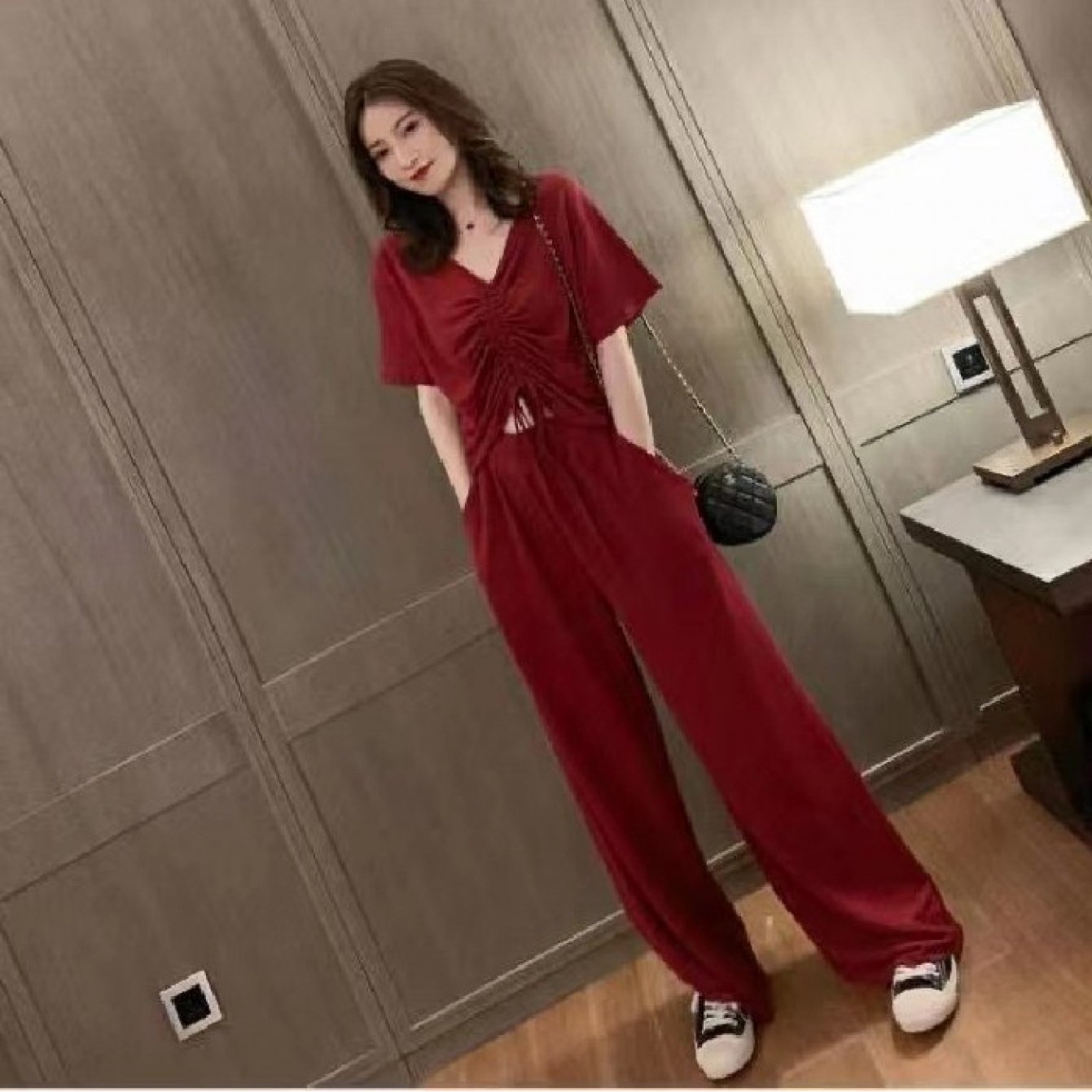 V-neck Short Sleeve Top and Wide-leg Pants Set