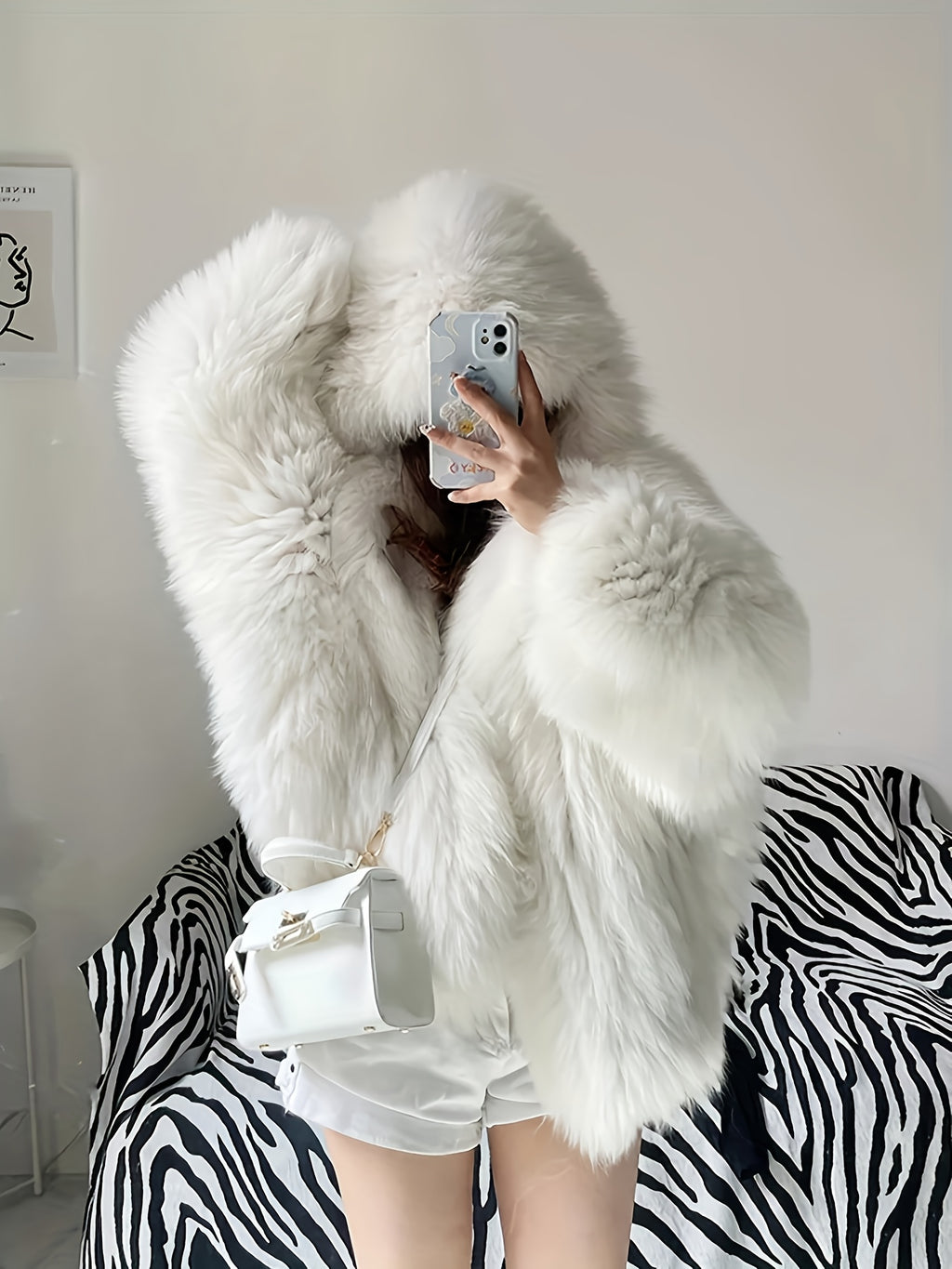 Large Hooded Faux Fox Fur Coat