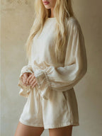 Light Beige Crew Neck Lantern Sleeve Oversized Top + Drawstring Shorts Women's Suit Set
