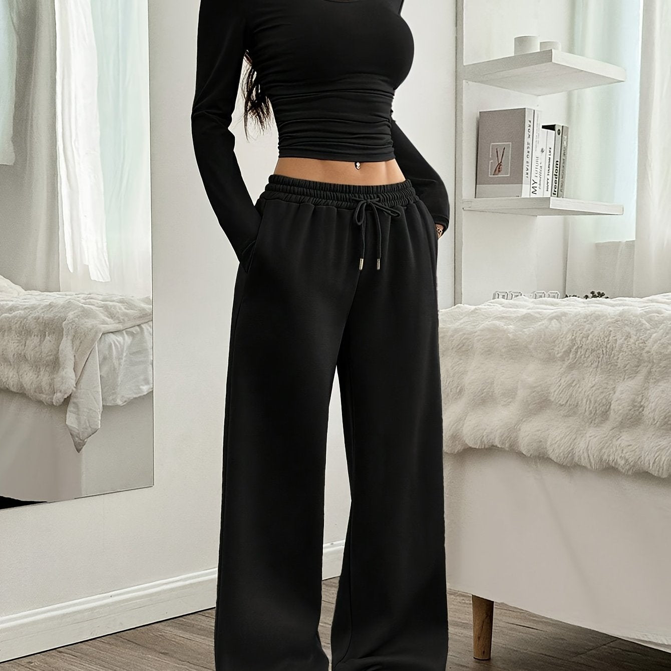 Long Sleeve Pullover and Elastic Waist Wide Leg Pants Two-Piece Set