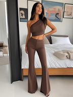 Brown One-Shoulder Cropped Top & High Waist Flare Pants Set