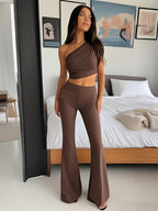Brown One-Shoulder Cropped Top & High Waist Flare Pants Set