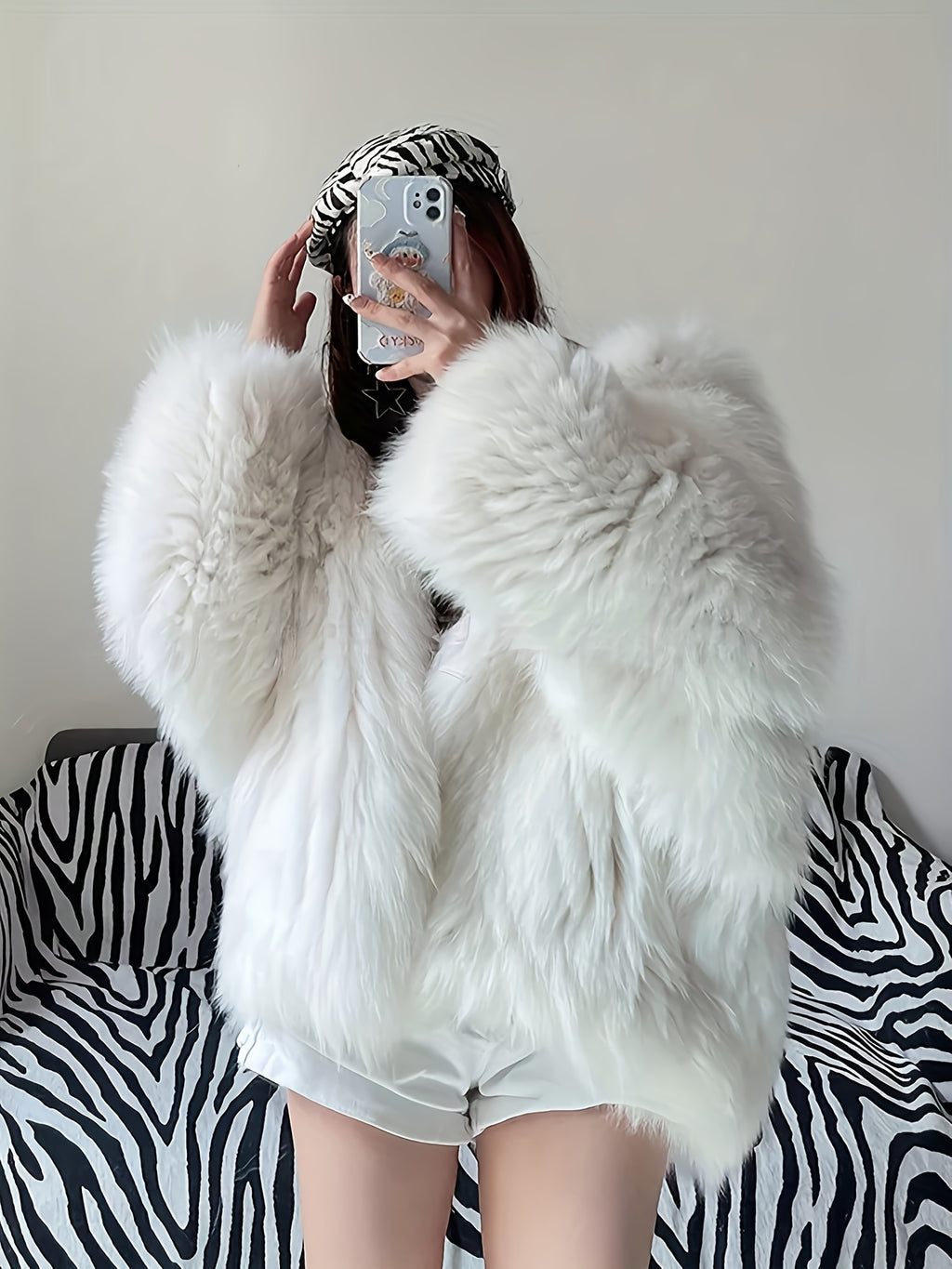 Large Hooded Faux Fox Fur Coat