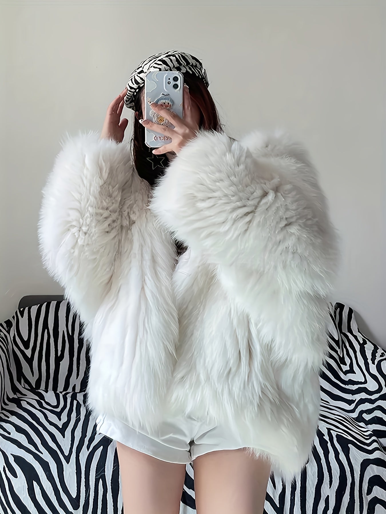 Large Hooded Faux Fox Fur Coat