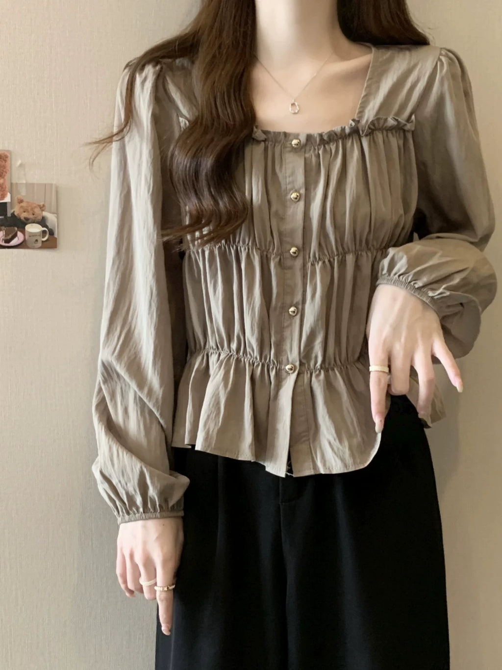 Plus Size Ruffles Stylish Long-Sleeved Top Bottoming Shirt