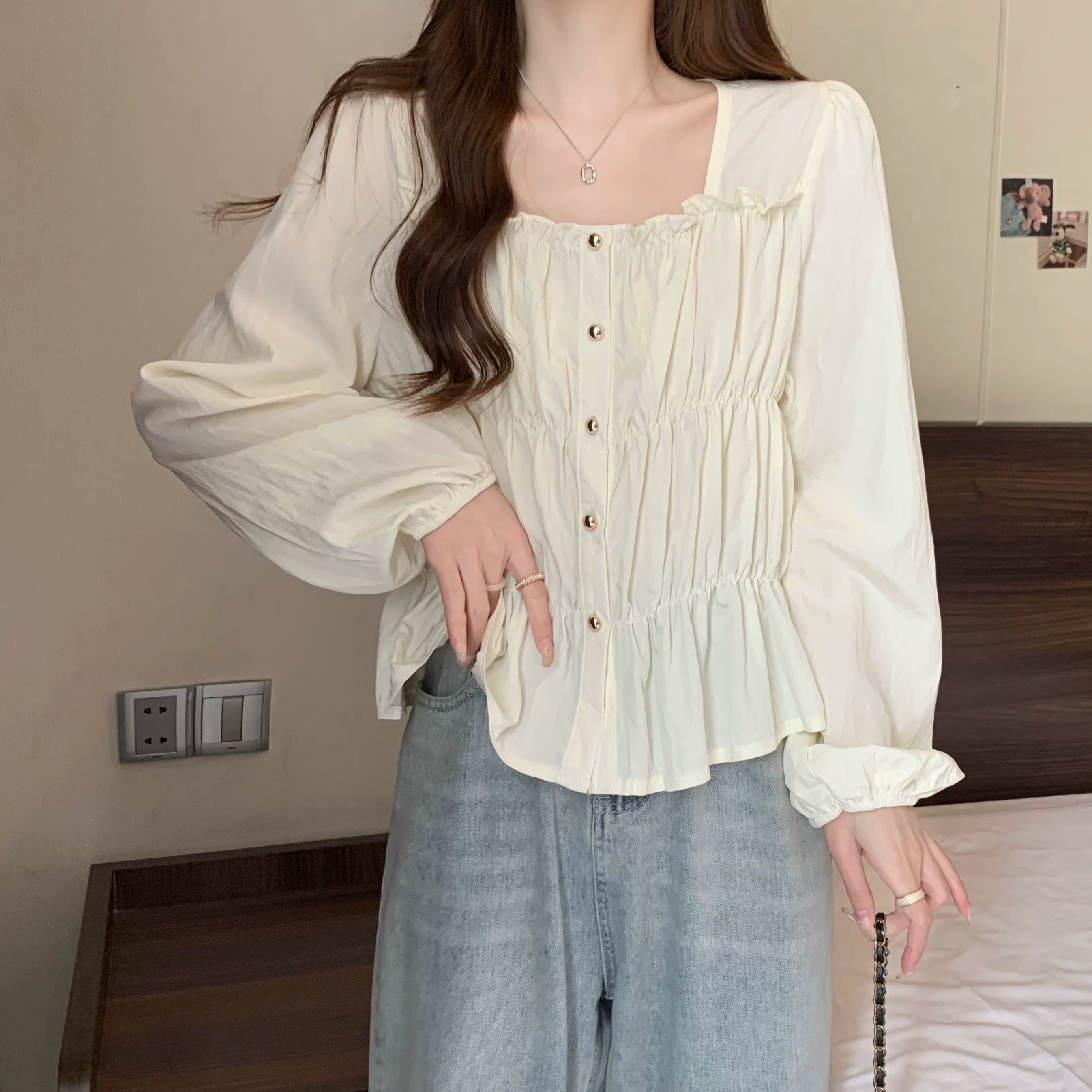 Plus Size Ruffles Stylish Long-Sleeved Top Bottoming Shirt