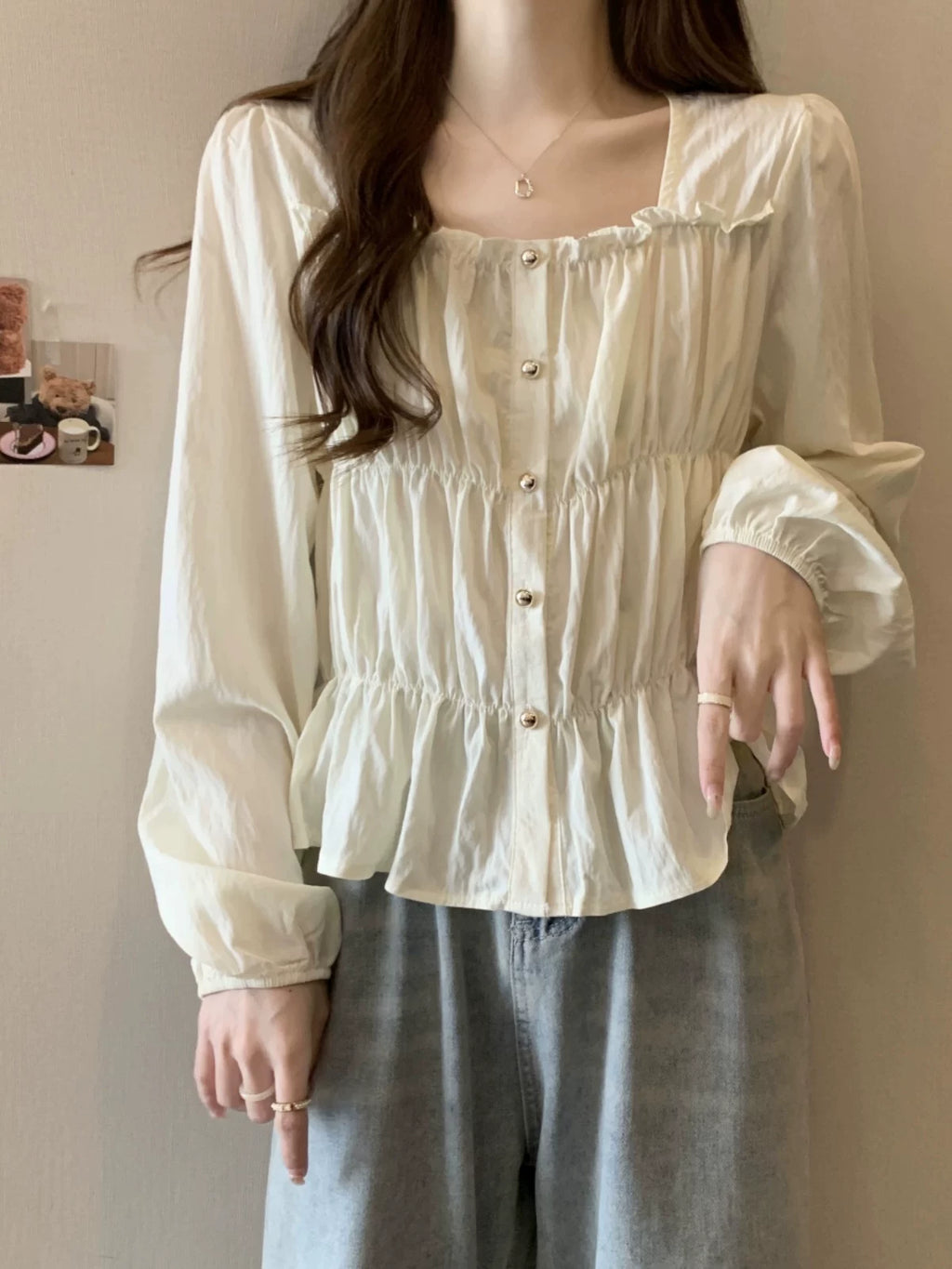 Plus Size Ruffles Stylish Long-Sleeved Top Bottoming Shirt