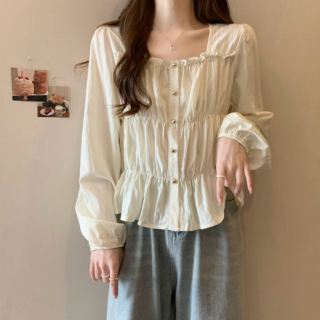 Plus Size Ruffles Stylish Long-Sleeved Top Bottoming Shirt