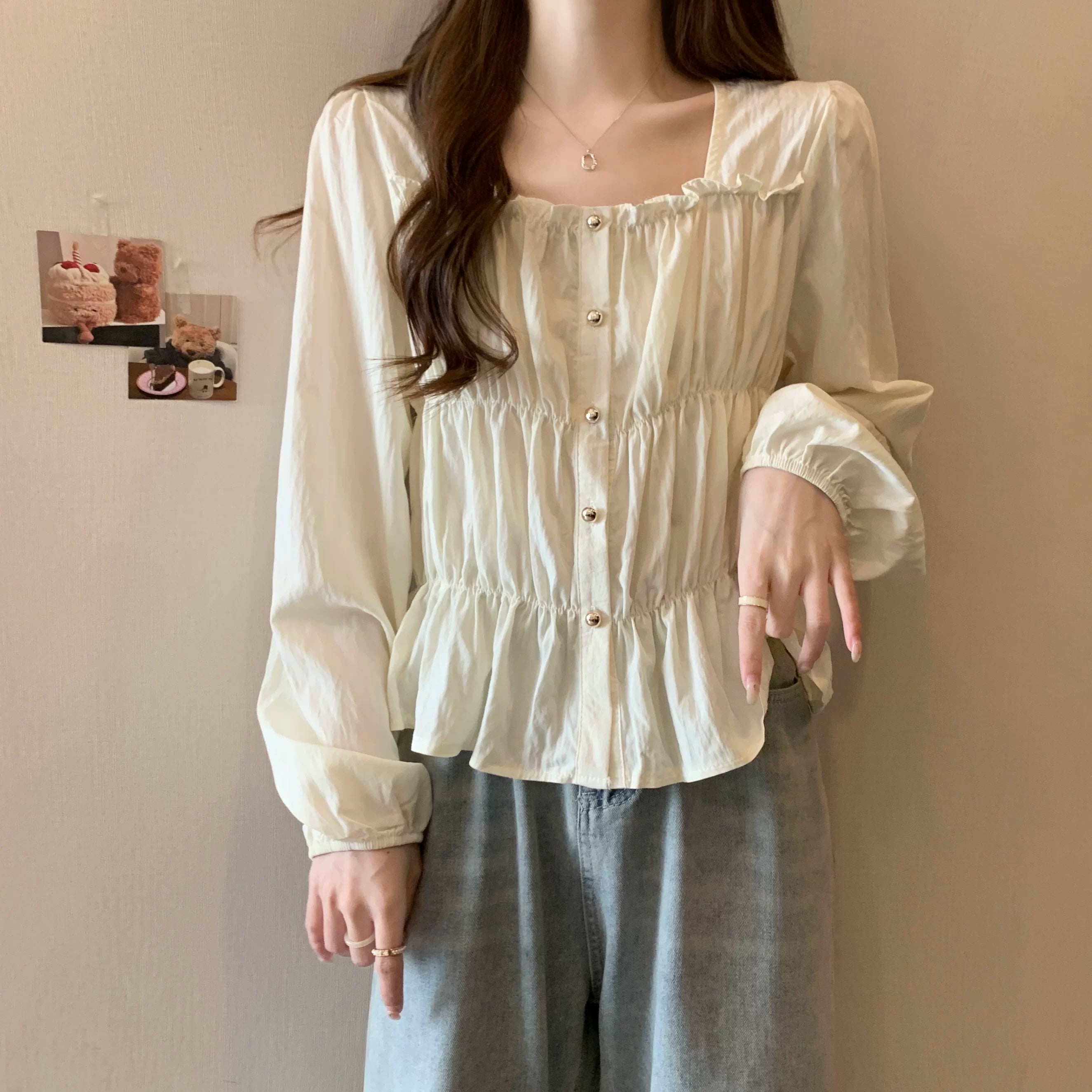 Plus Size Ruffles Stylish Long-Sleeved Top Bottoming Shirt