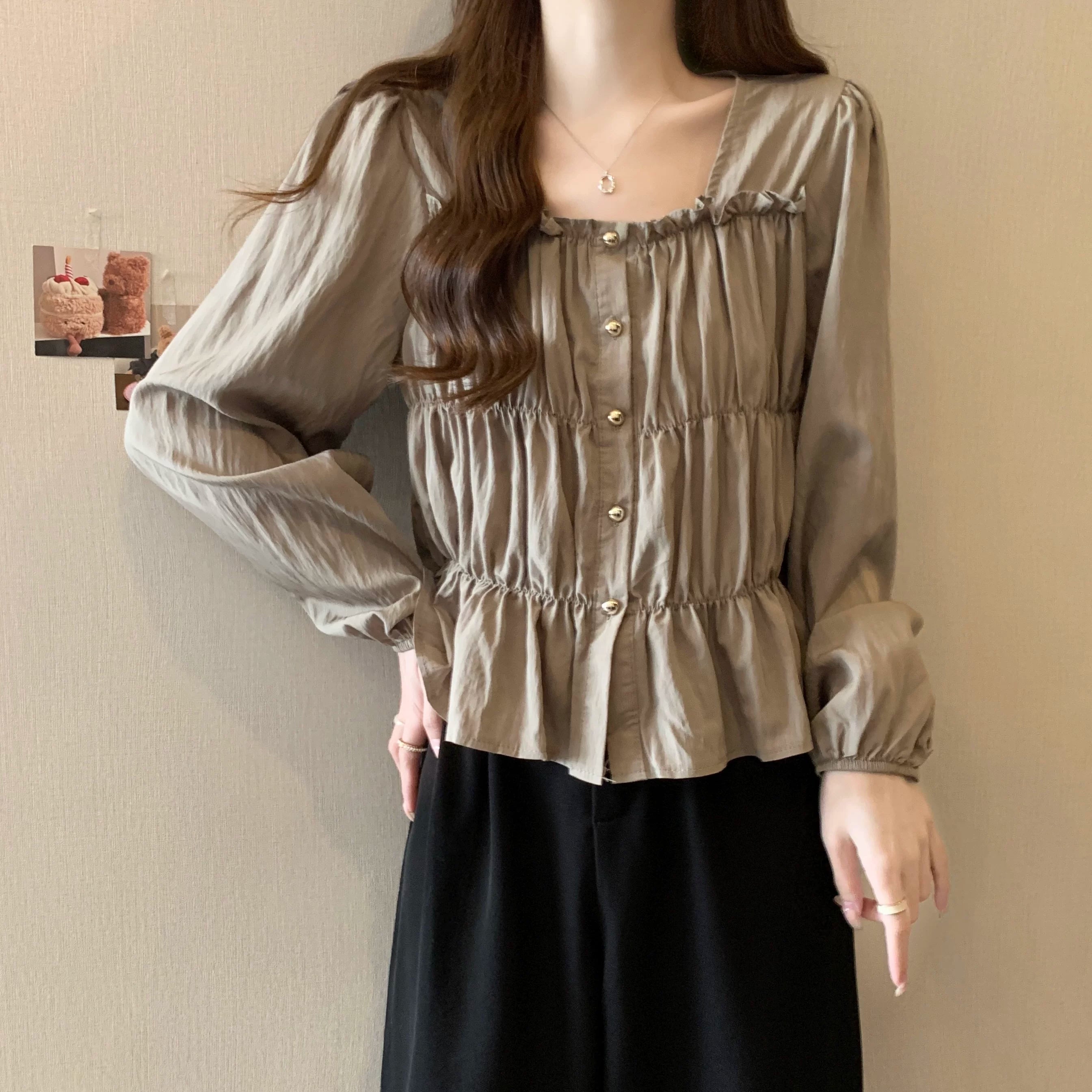 Plus Size Ruffles Stylish Long-Sleeved Top Bottoming Shirt