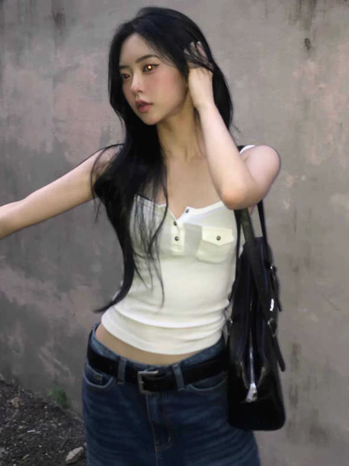 Amyway Retro Easy Matching Korean Style Solid Color Buttons Sexy Pure Desire Tops Short Low Collar Small Sling Vest