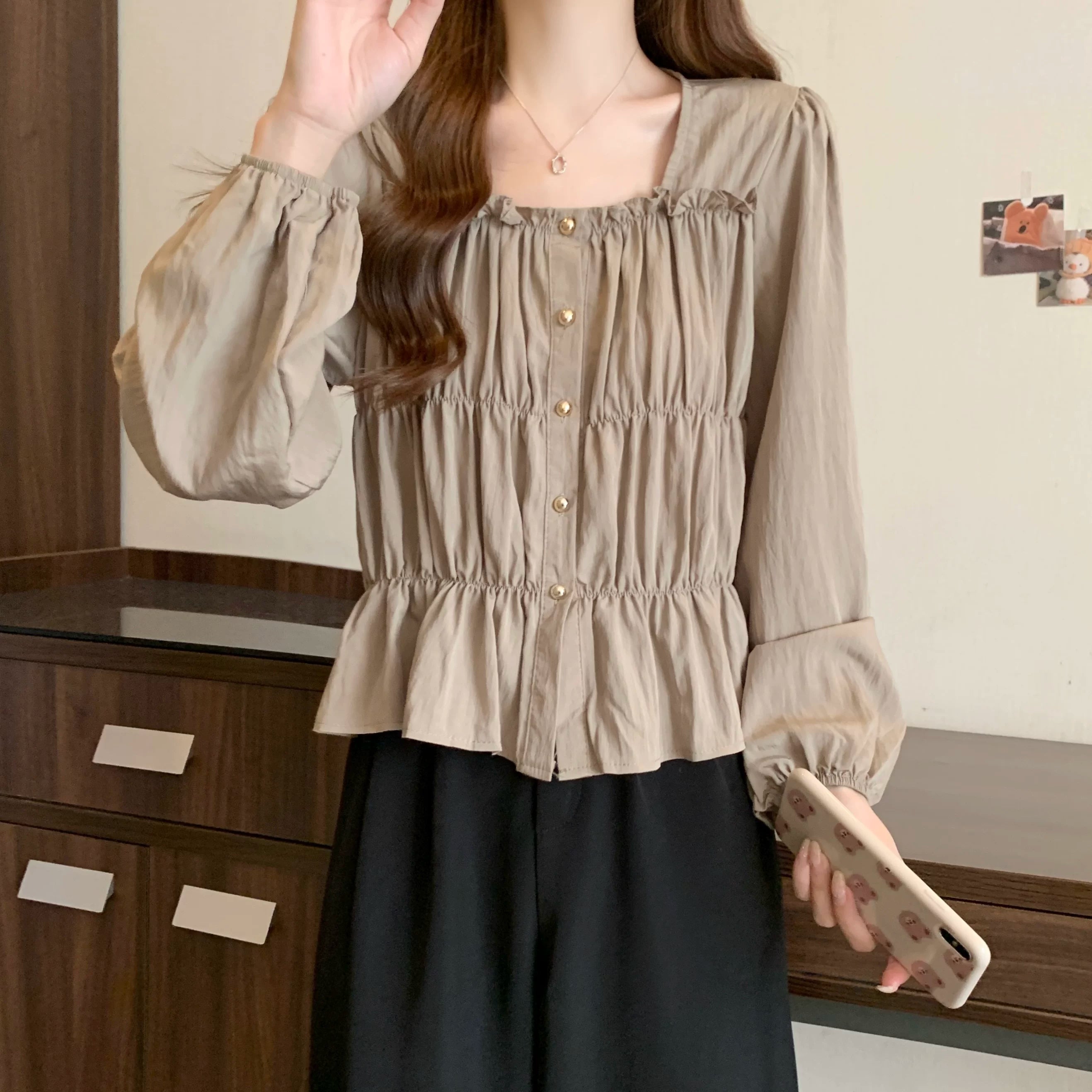 Plus Size Ruffles Stylish Long-Sleeved Top Bottoming Shirt