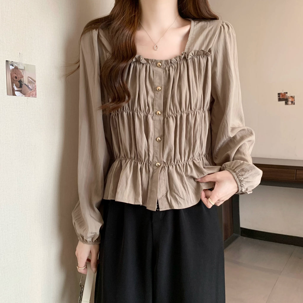 Plus Size Ruffles Stylish Long-Sleeved Top Bottoming Shirt