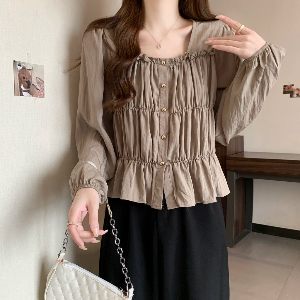 Plus Size Ruffles Stylish Long-Sleeved Top Bottoming Shirt