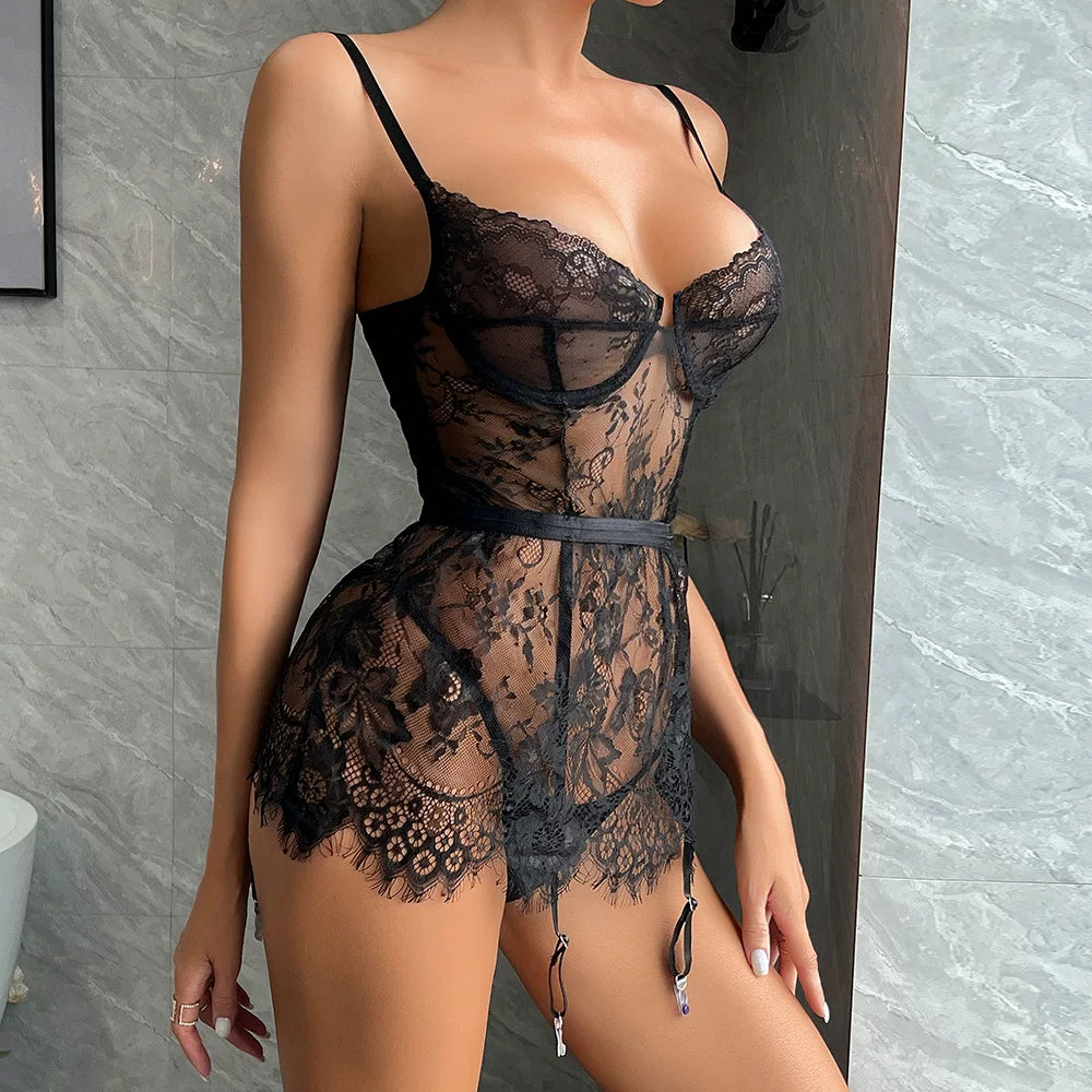 Fashion Wind Ins Pop Thin Fashion Lace Transparent Lingerie Sexy Sexy Asymmetrical Swing Dress Female