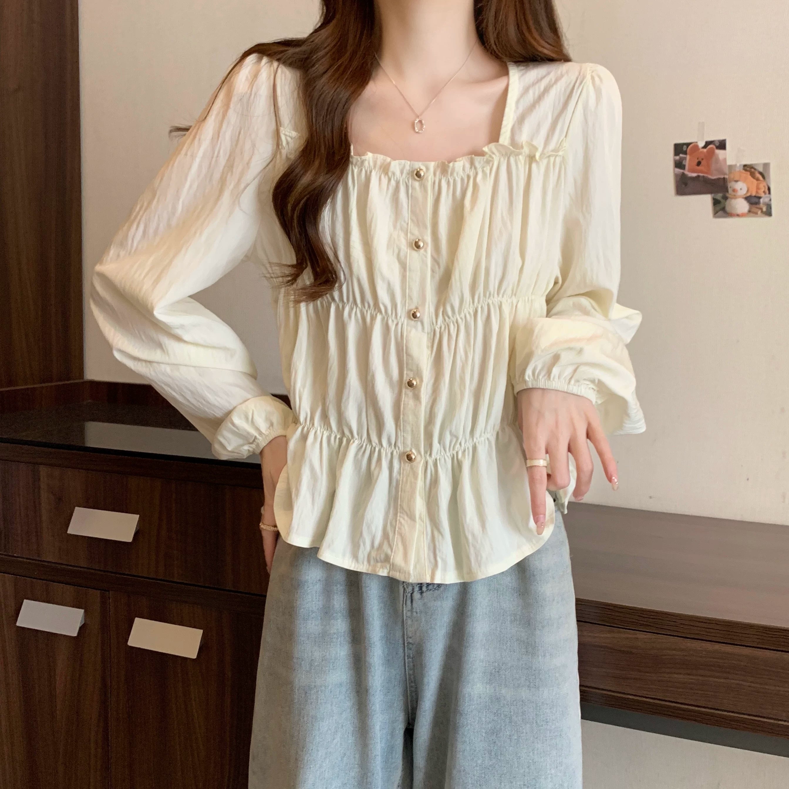 Plus Size Ruffles Stylish Long-Sleeved Top Bottoming Shirt