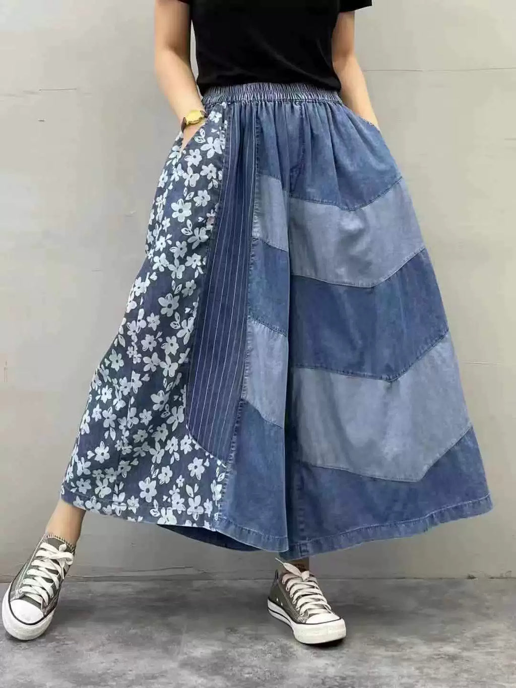 Retro Color Matching Soft Elastic Waist Casual Jeans