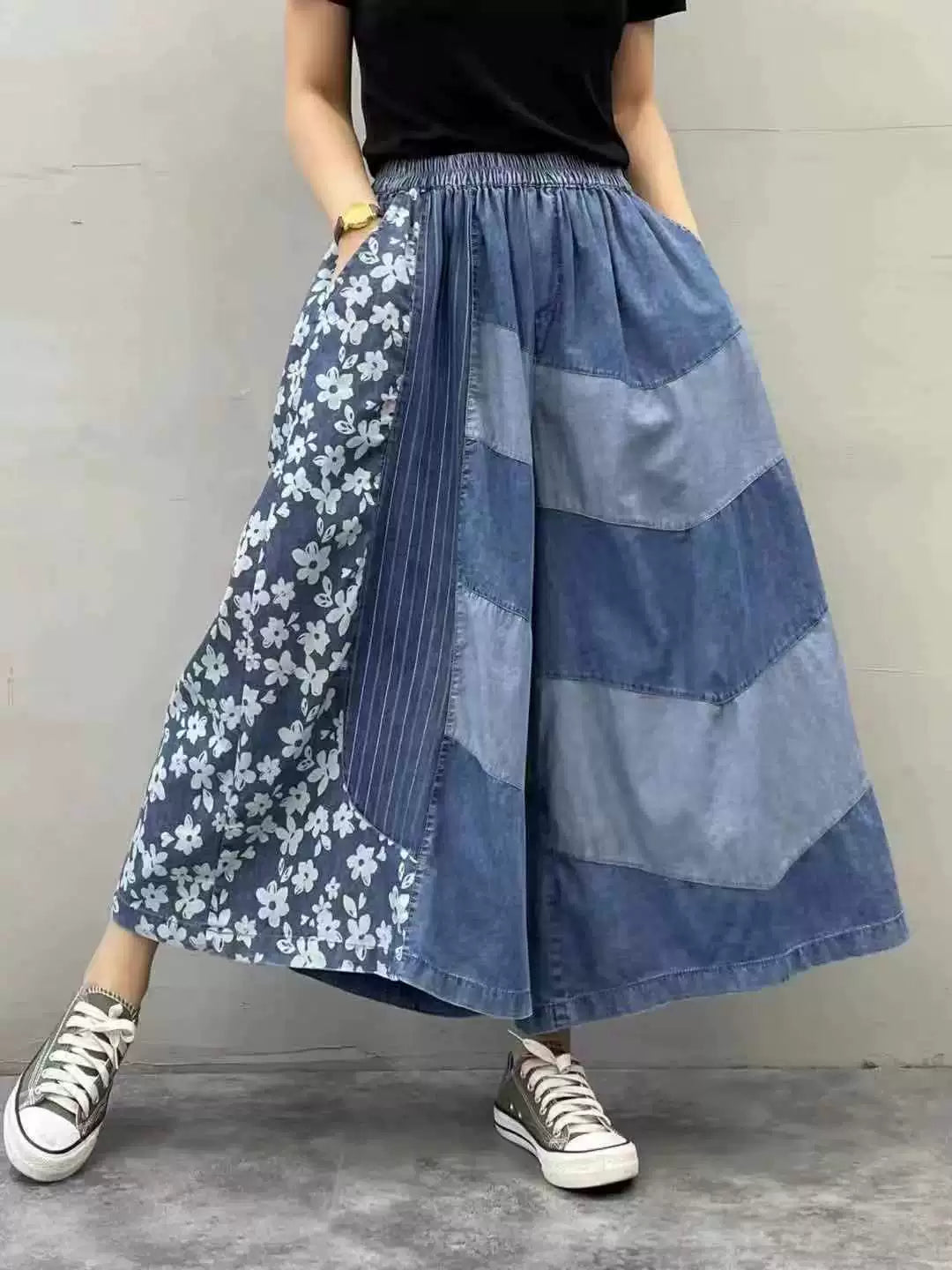 Retro Color Matching Soft Elastic Waist Casual Jeans