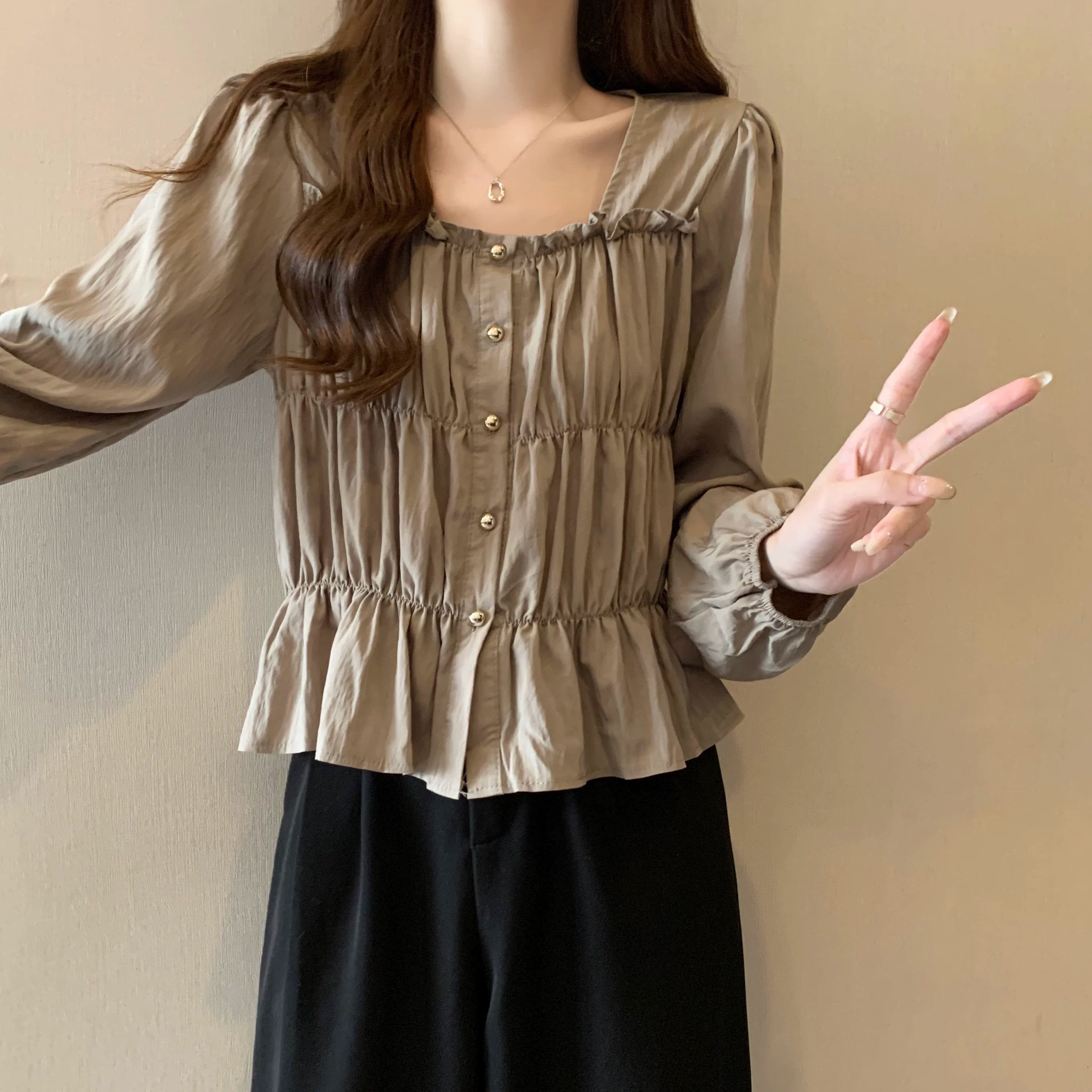 Plus Size Ruffles Stylish Long-Sleeved Top Bottoming Shirt