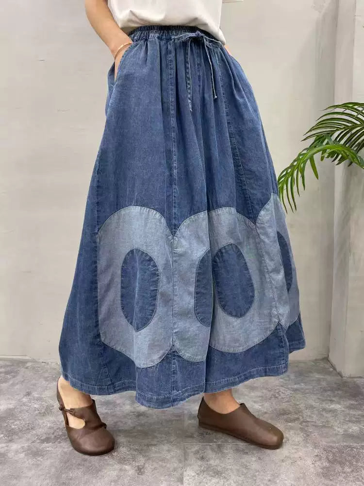 Retro Color Matching Soft Elastic Waist Casual Jeans