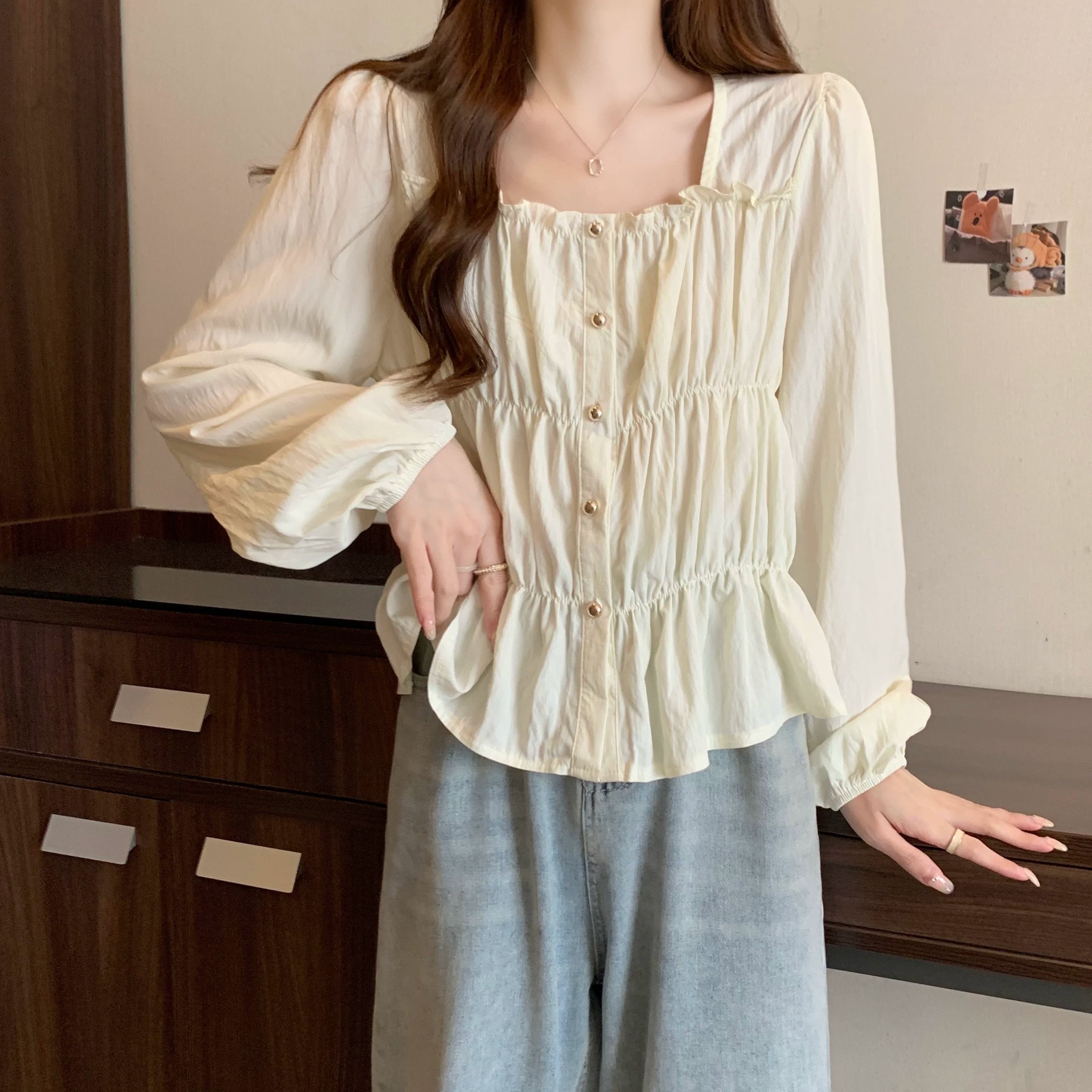 Plus Size Ruffles Stylish Long-Sleeved Top Bottoming Shirt