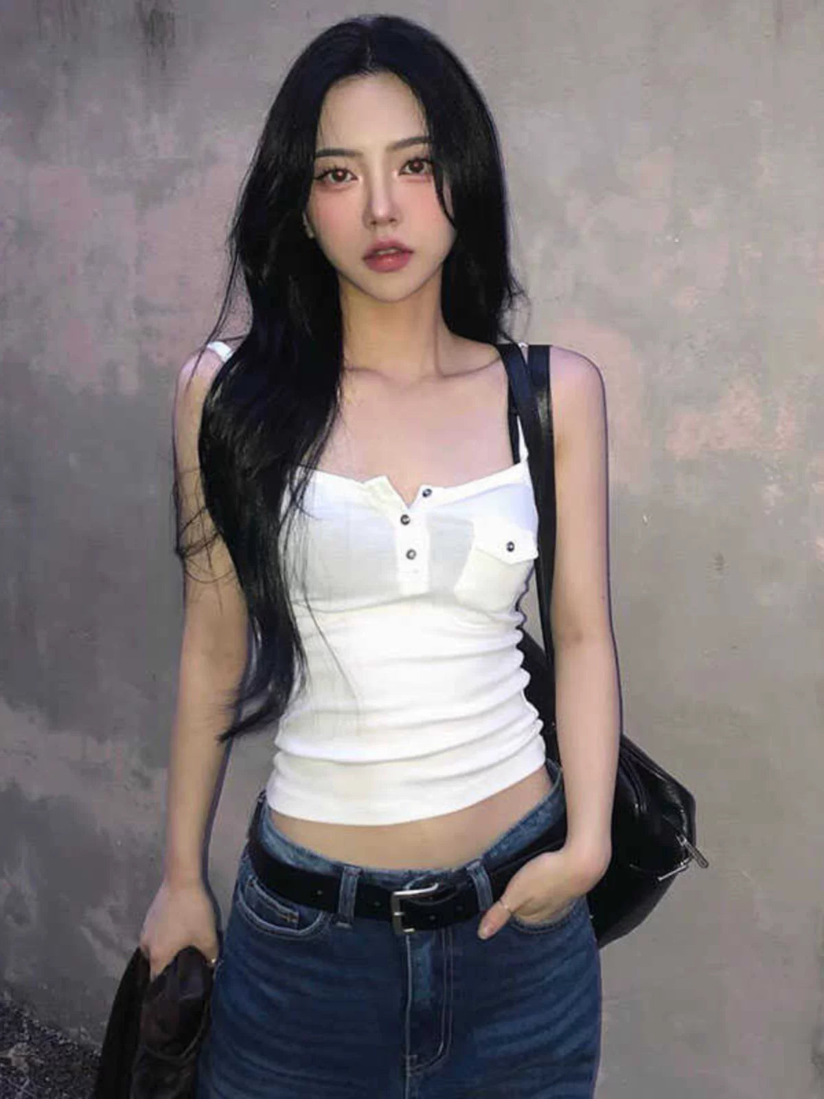 Amyway Retro Easy Matching Korean Style Solid Color Buttons Sexy Pure Desire Tops Short Low Collar Small Sling Vest