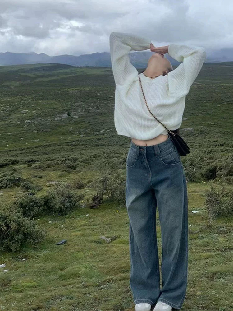 Retro High Waist Fashion Stylish Loose Slim Fit Jeans