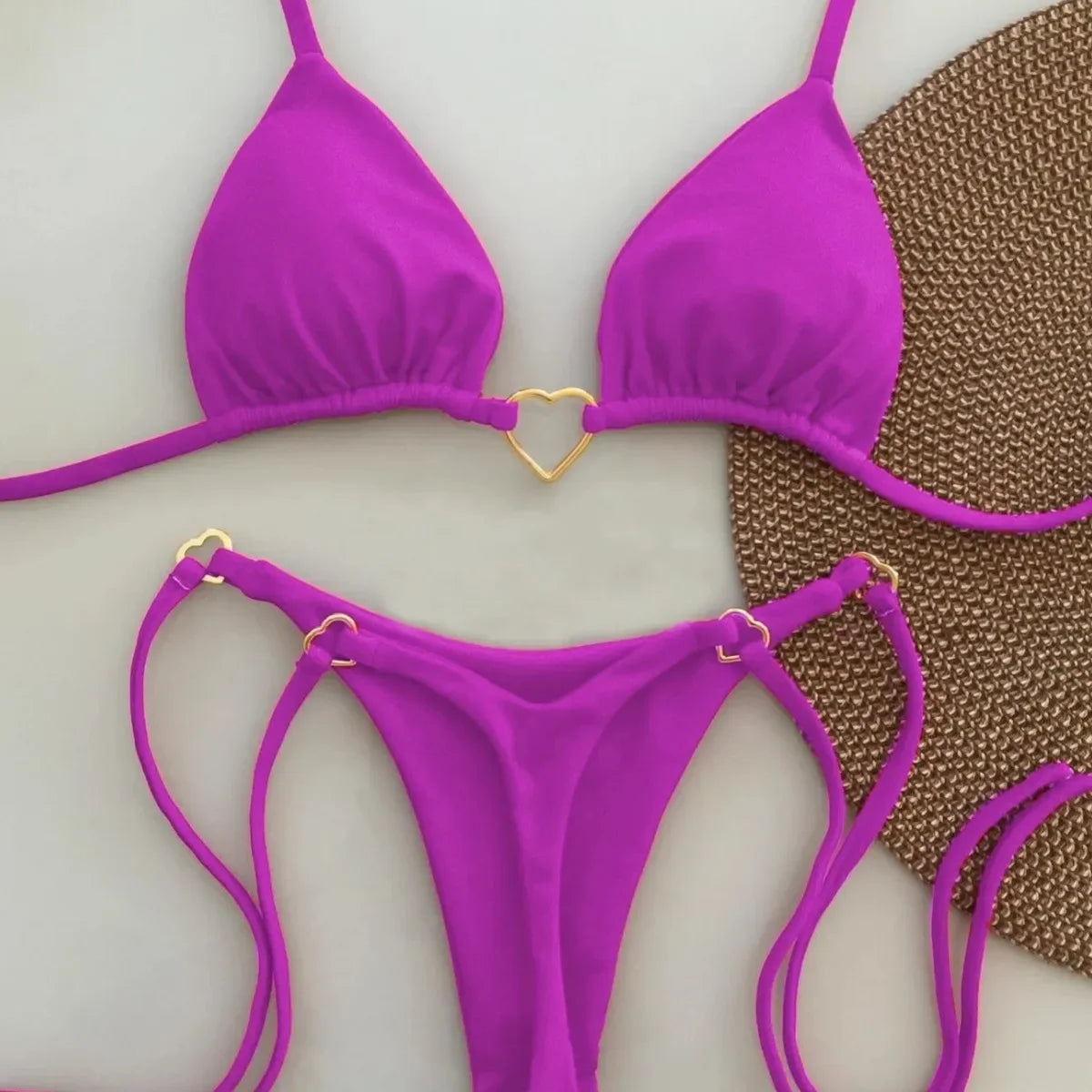 2025 New Metal Decorative Halter Bikini Sexy Brazilian Solid Color Separate Swimming Suits Women's Fashion Swimwear